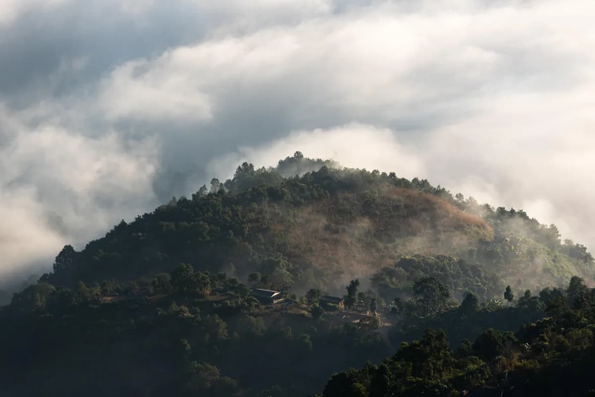 Misty forested hills above Pokhara, Nepal