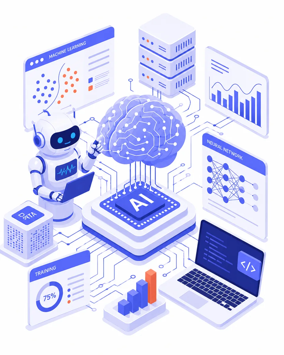 Isometric illustration of an AI brain, neural network and training charts