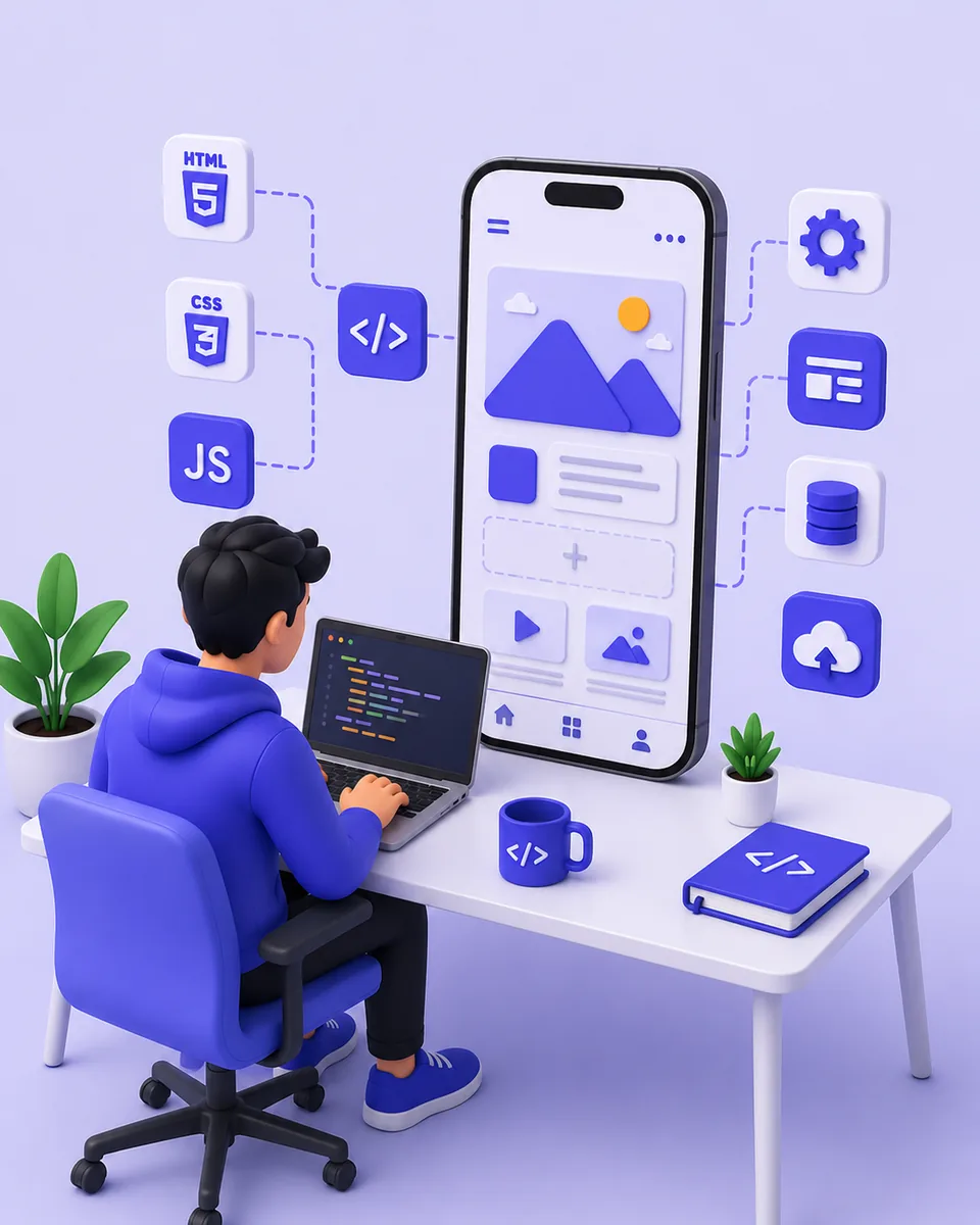 Illustration of mobile app screens being designed and built