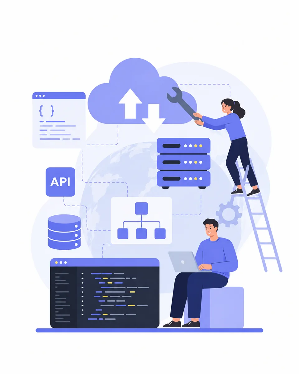 Illustration of cloud servers, APIs and databases wired together