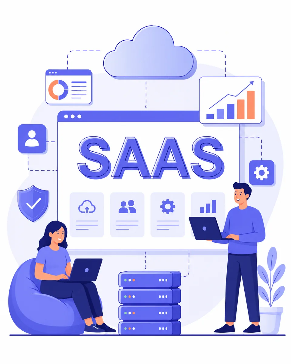 Illustration of a SaaS dashboard with analytics and user management