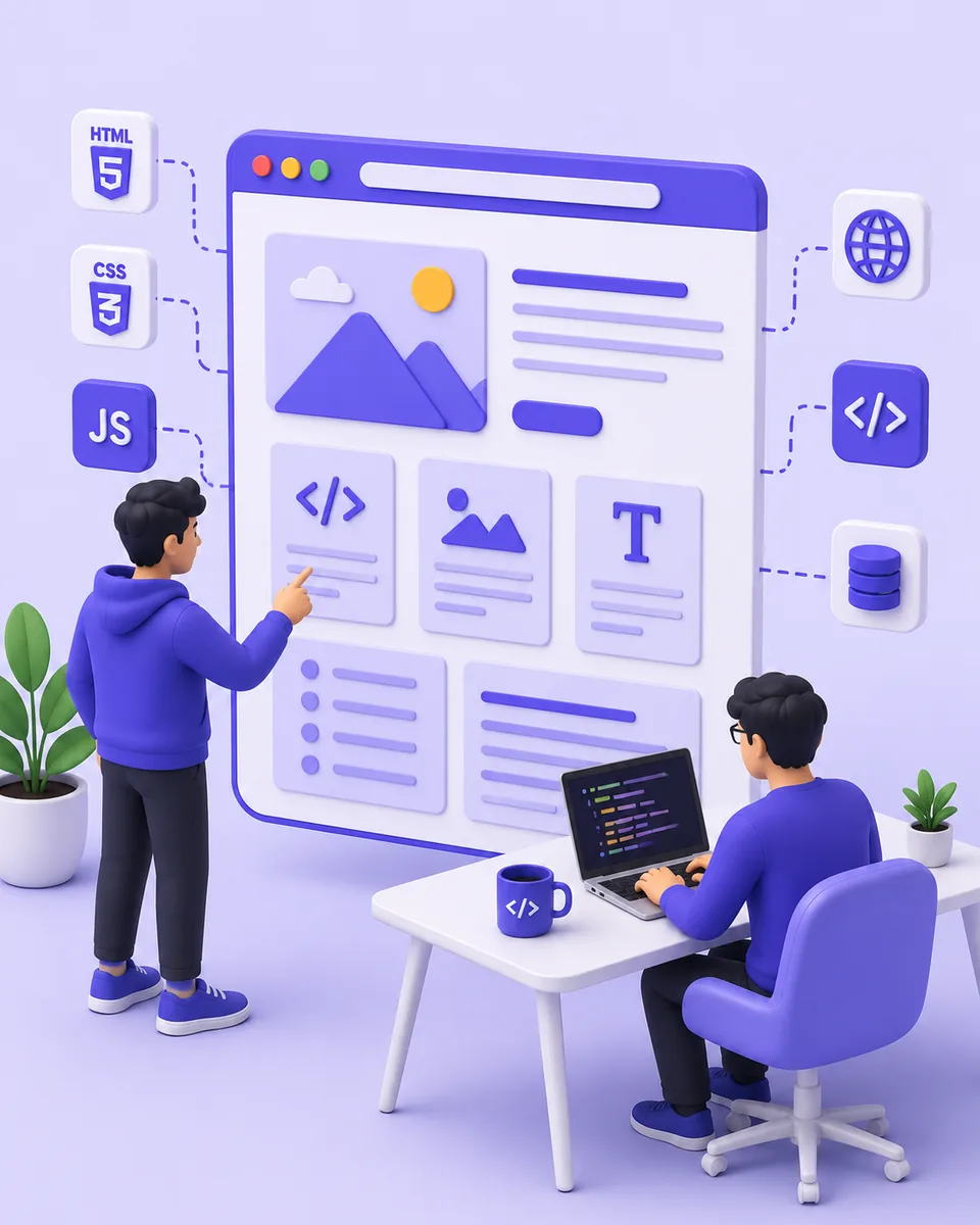 Illustration of a developer building a website in a code editor